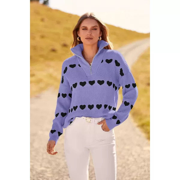 imagePRETTYGARDEN Womens Fall Pullover Heart Sweaters Casual Long Sleeve Ribbed Knit Zip Up Collared Tops BlousePurple Black Heart