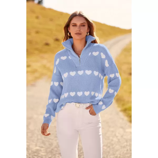 imagePRETTYGARDEN Womens Fall Pullover Heart Sweaters Casual Long Sleeve Ribbed Knit Zip Up Collared Tops BlouseSky Blue White Heart