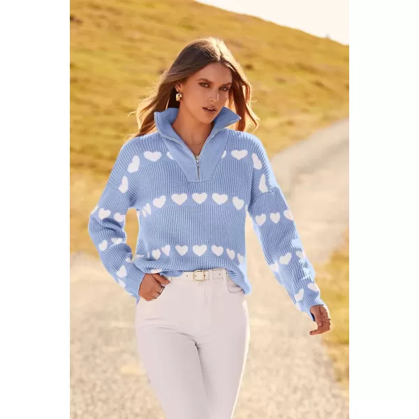 imagePRETTYGARDEN Womens Fall Pullover Heart Sweaters Casual Long Sleeve Ribbed Knit Zip Up Collared Tops BlouseSky Blue White Heart