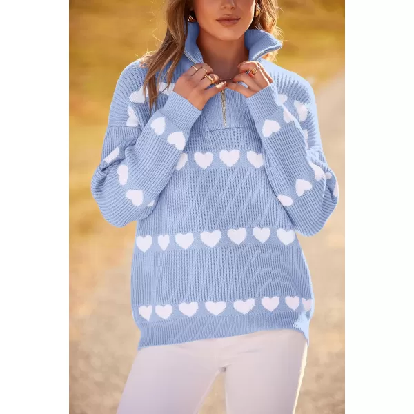 imagePRETTYGARDEN Womens Fall Pullover Heart Sweaters Casual Long Sleeve Ribbed Knit Zip Up Collared Tops BlouseSky Blue White Heart