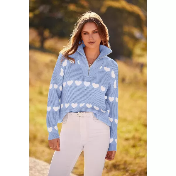 imagePRETTYGARDEN Womens Fall Pullover Heart Sweaters Casual Long Sleeve Ribbed Knit Zip Up Collared Tops BlouseSky Blue White Heart