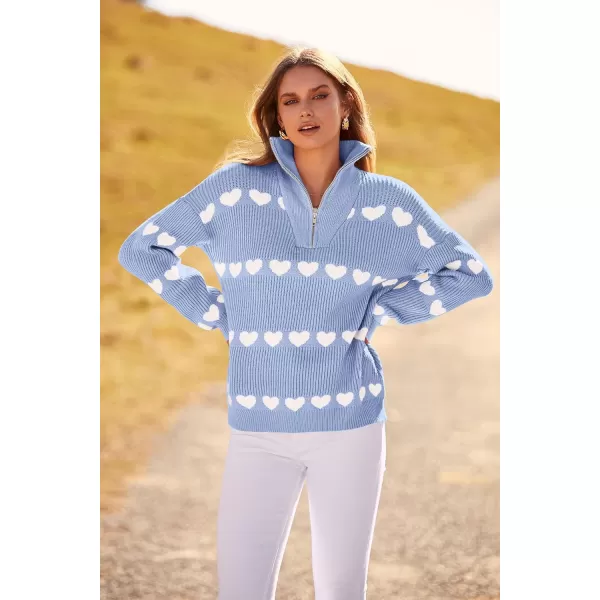 imagePRETTYGARDEN Womens Fall Pullover Heart Sweaters Casual Long Sleeve Ribbed Knit Zip Up Collared Tops BlouseSky Blue White Heart