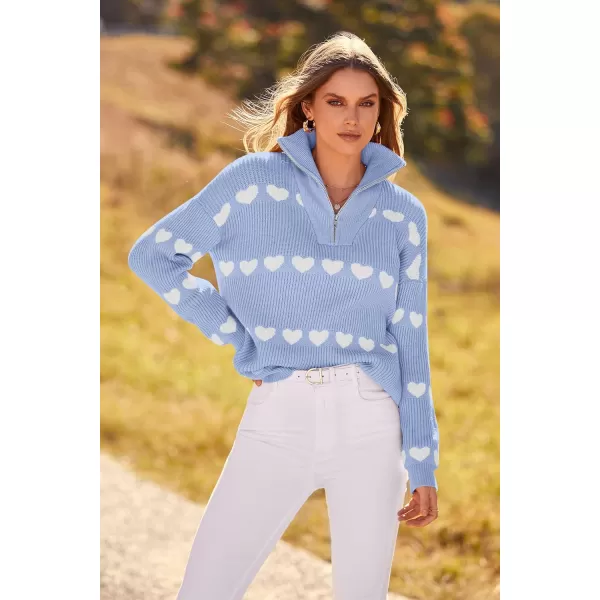 imagePRETTYGARDEN Womens Fall Pullover Heart Sweaters Casual Long Sleeve Ribbed Knit Zip Up Collared Tops BlouseSky Blue White Heart