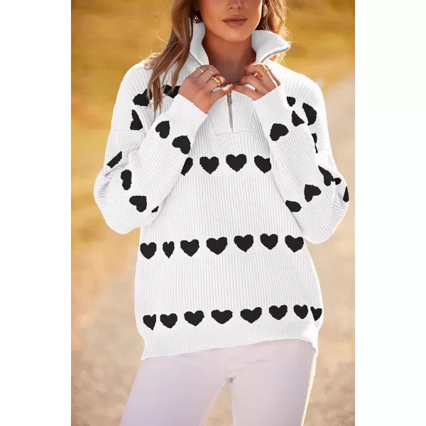 imagePRETTYGARDEN Womens Fall Pullover Heart Sweaters Casual Long Sleeve Ribbed Knit Zip Up Collared Tops BlouseWhite Black Heart
