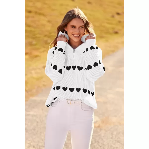 imagePRETTYGARDEN Womens Fall Pullover Heart Sweaters Casual Long Sleeve Ribbed Knit Zip Up Collared Tops BlouseWhite Black Heart