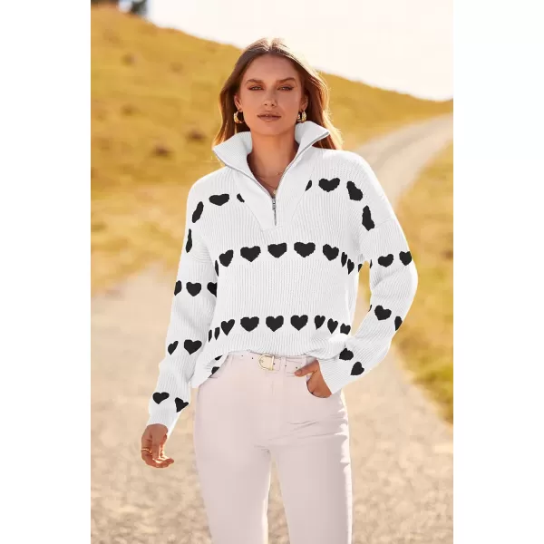 imagePRETTYGARDEN Womens Fall Pullover Heart Sweaters Casual Long Sleeve Ribbed Knit Zip Up Collared Tops BlouseWhite Black Heart