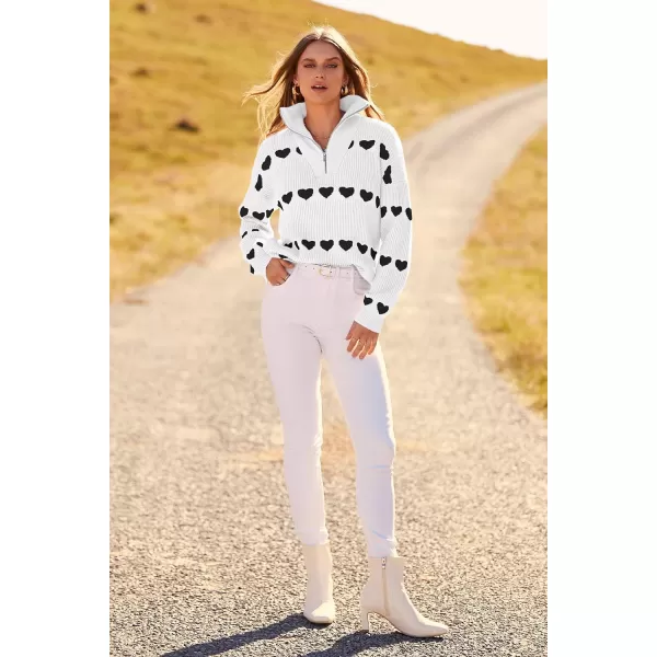 imagePRETTYGARDEN Womens Fall Pullover Heart Sweaters Casual Long Sleeve Ribbed Knit Zip Up Collared Tops BlouseWhite Black Heart
