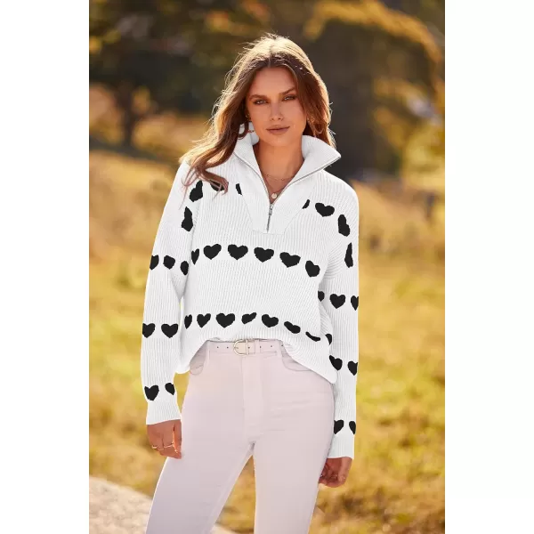 imagePRETTYGARDEN Womens Fall Pullover Heart Sweaters Casual Long Sleeve Ribbed Knit Zip Up Collared Tops BlouseWhite Black Heart