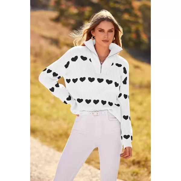 imagePRETTYGARDEN Womens Fall Pullover Heart Sweaters Casual Long Sleeve Ribbed Knit Zip Up Collared Tops BlouseWhite Black Heart