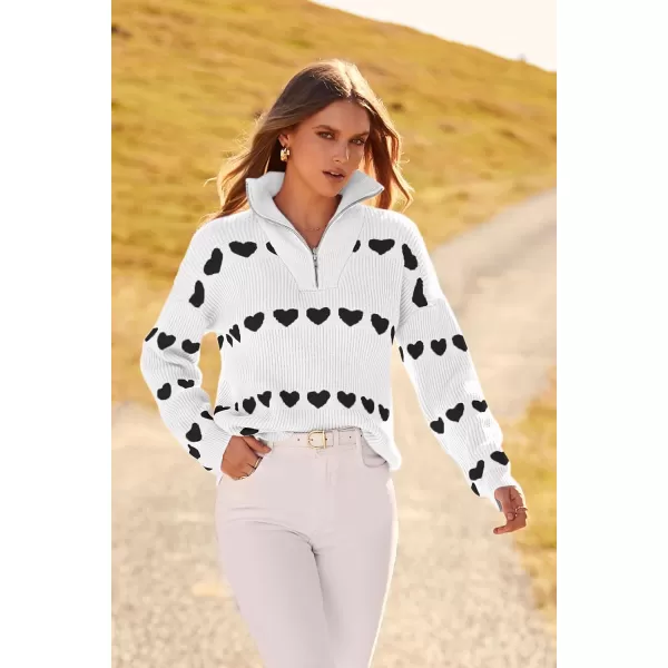 imagePRETTYGARDEN Womens Fall Pullover Heart Sweaters Casual Long Sleeve Ribbed Knit Zip Up Collared Tops BlouseWhite Black Heart