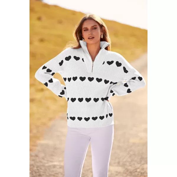 imagePRETTYGARDEN Womens Fall Pullover Heart Sweaters Casual Long Sleeve Ribbed Knit Zip Up Collared Tops BlouseWhite Black Heart