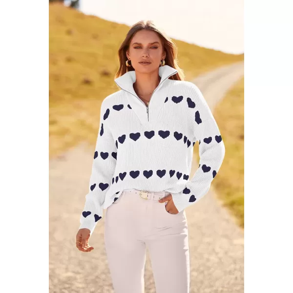 imagePRETTYGARDEN Womens Fall Pullover Heart Sweaters Casual Long Sleeve Ribbed Knit Zip Up Collared Tops BlouseWhite Navy Heart