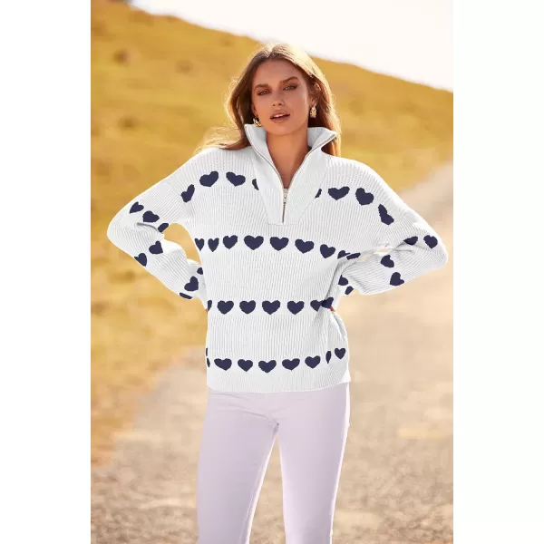 imagePRETTYGARDEN Womens Fall Pullover Heart Sweaters Casual Long Sleeve Ribbed Knit Zip Up Collared Tops BlouseWhite Navy Heart