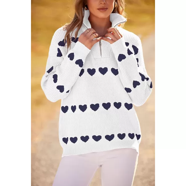 imagePRETTYGARDEN Womens Fall Pullover Heart Sweaters Casual Long Sleeve Ribbed Knit Zip Up Collared Tops BlouseWhite Navy Heart