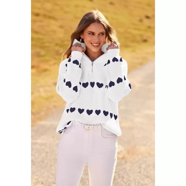 imagePRETTYGARDEN Womens Fall Pullover Heart Sweaters Casual Long Sleeve Ribbed Knit Zip Up Collared Tops BlouseWhite Navy Heart