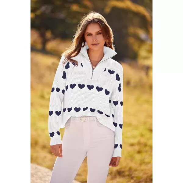 imagePRETTYGARDEN Womens Fall Pullover Heart Sweaters Casual Long Sleeve Ribbed Knit Zip Up Collared Tops BlouseWhite Navy Heart