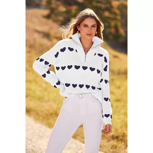 imagePRETTYGARDEN Womens Fall Pullover Heart Sweaters Casual Long Sleeve Ribbed Knit Zip Up Collared Tops BlouseWhite Navy Heart