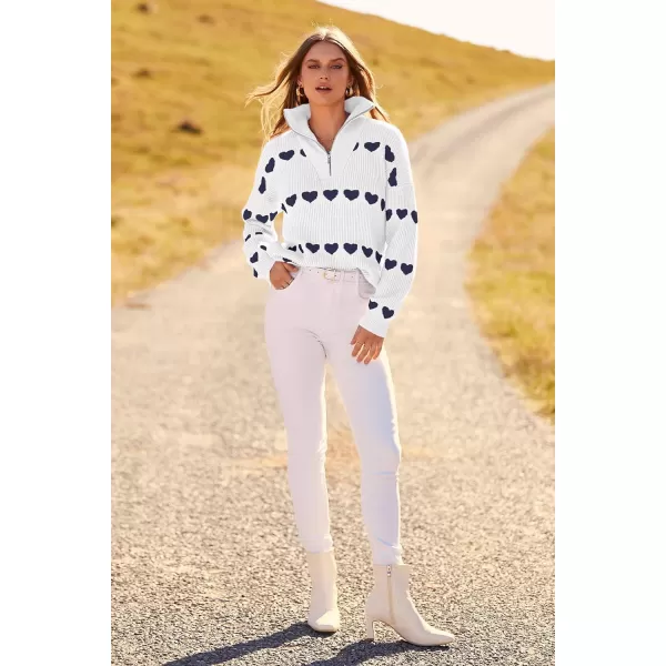 imagePRETTYGARDEN Womens Fall Pullover Heart Sweaters Casual Long Sleeve Ribbed Knit Zip Up Collared Tops BlouseWhite Navy Heart