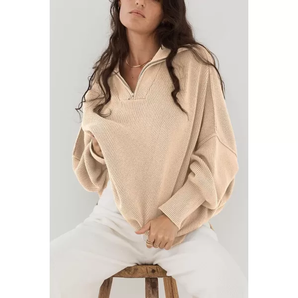 imagePRETTYGARDEN Womens Fall Pullover Oversized Sweaters Casual Long Sleeve Zip Up Lapel V Neck Knitted Winter TopsApricot