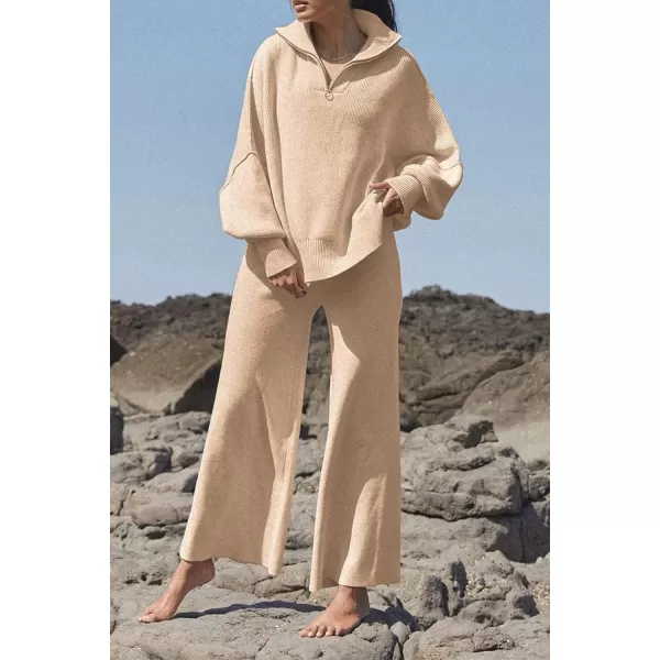 imagePRETTYGARDEN Womens Fall Pullover Oversized Sweaters Casual Long Sleeve Zip Up Lapel V Neck Knitted Winter TopsApricot