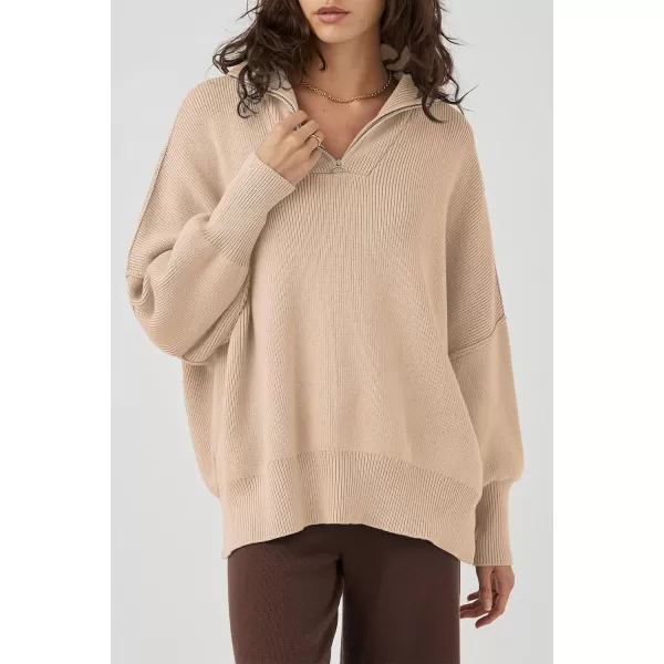 imagePRETTYGARDEN Womens Fall Pullover Oversized Sweaters Casual Long Sleeve Zip Up Lapel V Neck Knitted Winter TopsApricot