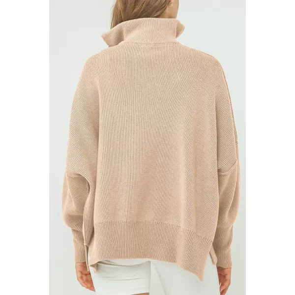 imagePRETTYGARDEN Womens Fall Pullover Oversized Sweaters Casual Long Sleeve Zip Up Lapel V Neck Knitted Winter TopsApricot