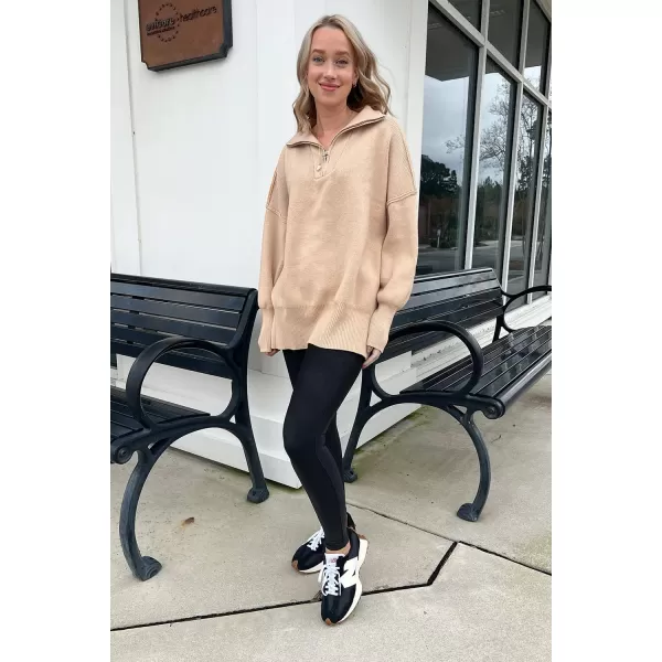imagePRETTYGARDEN Womens Fall Pullover Oversized Sweaters Casual Long Sleeve Zip Up Lapel V Neck Knitted Winter TopsApricot