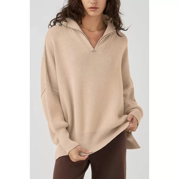 imagePRETTYGARDEN Womens Fall Pullover Oversized Sweaters Casual Long Sleeve Zip Up Lapel V Neck Knitted Winter TopsApricot