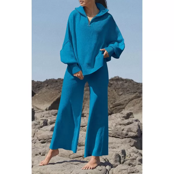 imagePRETTYGARDEN Womens Fall Pullover Oversized Sweaters Casual Long Sleeve Zip Up Lapel V Neck Knitted Winter TopsBlue