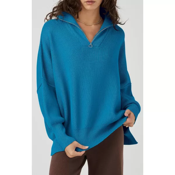 imagePRETTYGARDEN Womens Fall Pullover Oversized Sweaters Casual Long Sleeve Zip Up Lapel V Neck Knitted Winter TopsBlue