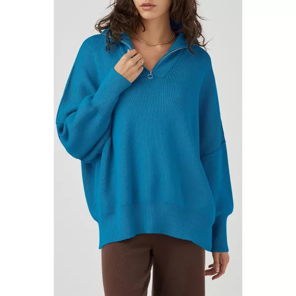 imagePRETTYGARDEN Womens Fall Pullover Oversized Sweaters Casual Long Sleeve Zip Up Lapel V Neck Knitted Winter TopsBlue