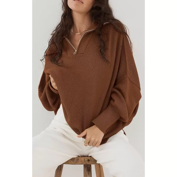 imagePRETTYGARDEN Womens Fall Pullover Oversized Sweaters Casual Long Sleeve Zip Up Lapel V Neck Knitted Winter TopsBrown