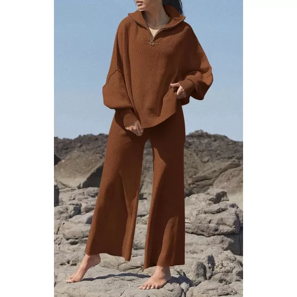 imagePRETTYGARDEN Womens Fall Pullover Oversized Sweaters Casual Long Sleeve Zip Up Lapel V Neck Knitted Winter TopsBrown