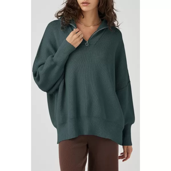 imagePRETTYGARDEN Womens Fall Pullover Oversized Sweaters Casual Long Sleeve Zip Up Lapel V Neck Knitted Winter TopsGrey Green