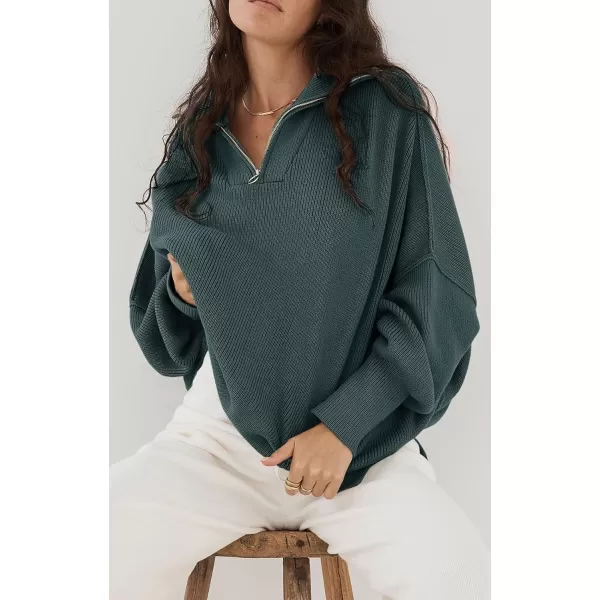 imagePRETTYGARDEN Womens Fall Pullover Oversized Sweaters Casual Long Sleeve Zip Up Lapel V Neck Knitted Winter TopsGrey Green