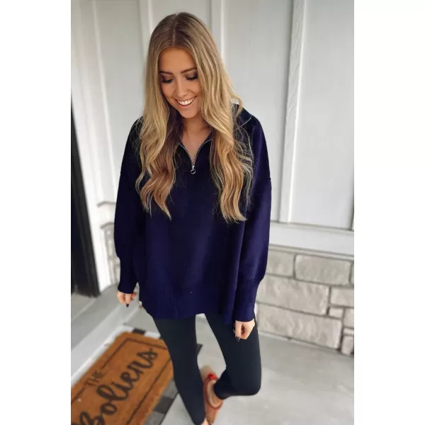 imagePRETTYGARDEN Womens Fall Pullover Oversized Sweaters Casual Long Sleeve Zip Up Lapel V Neck Knitted Winter TopsNavy