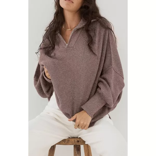 imagePRETTYGARDEN Womens Fall Pullover Oversized Sweaters Casual Long Sleeve Zip Up Lapel V Neck Knitted Winter TopsNutmeg