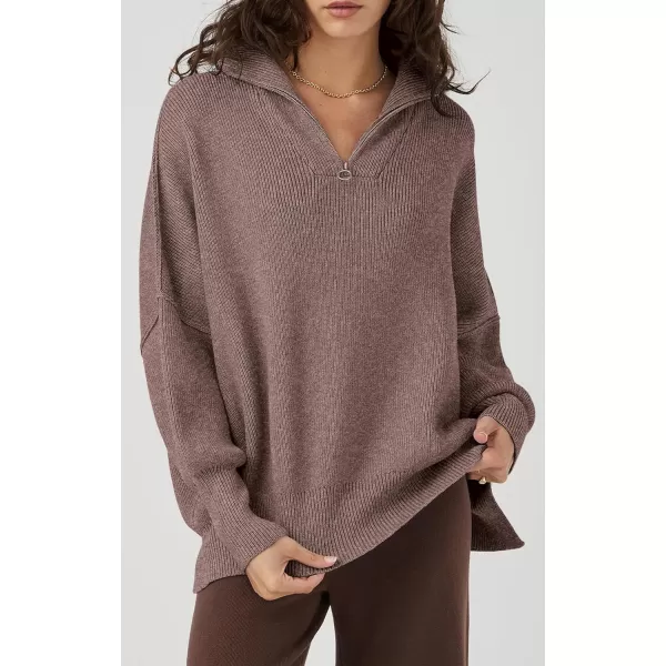 imagePRETTYGARDEN Womens Fall Pullover Oversized Sweaters Casual Long Sleeve Zip Up Lapel V Neck Knitted Winter TopsNutmeg