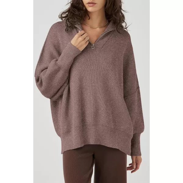 imagePRETTYGARDEN Womens Fall Pullover Oversized Sweaters Casual Long Sleeve Zip Up Lapel V Neck Knitted Winter TopsNutmeg