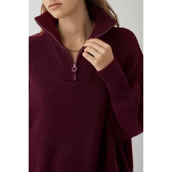 imagePRETTYGARDEN Womens Fall Pullover Oversized Sweaters Casual Long Sleeve Zip Up Lapel V Neck Knitted Winter TopsWine Red