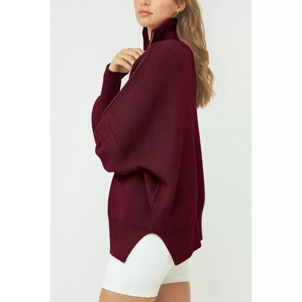 imagePRETTYGARDEN Womens Fall Pullover Oversized Sweaters Casual Long Sleeve Zip Up Lapel V Neck Knitted Winter TopsWine Red