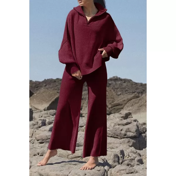 imagePRETTYGARDEN Womens Fall Pullover Oversized Sweaters Casual Long Sleeve Zip Up Lapel V Neck Knitted Winter TopsWine Red