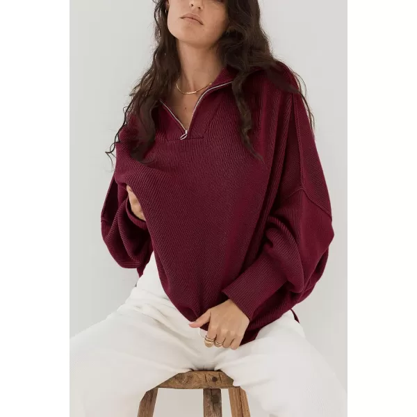 imagePRETTYGARDEN Womens Fall Pullover Oversized Sweaters Casual Long Sleeve Zip Up Lapel V Neck Knitted Winter TopsWine Red