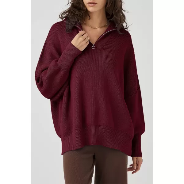 imagePRETTYGARDEN Womens Fall Pullover Oversized Sweaters Casual Long Sleeve Zip Up Lapel V Neck Knitted Winter TopsWine Red
