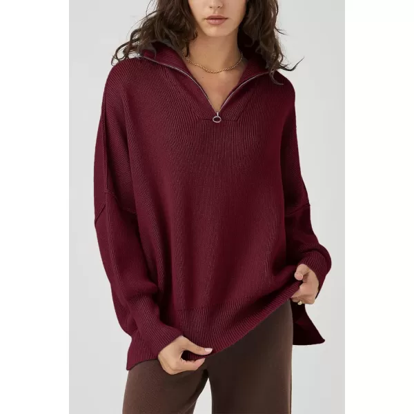 imagePRETTYGARDEN Womens Fall Pullover Oversized Sweaters Casual Long Sleeve Zip Up Lapel V Neck Knitted Winter TopsWine Red