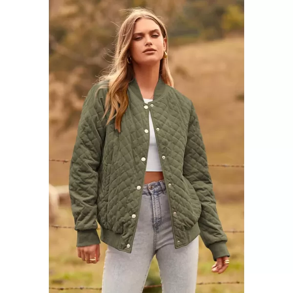 imagePRETTYGARDEN Womens Fall Quilted Bomber Jacket Long Sleeve Button Down Outerwear Trendy Casual Winter Coats With PocketsArmy Green