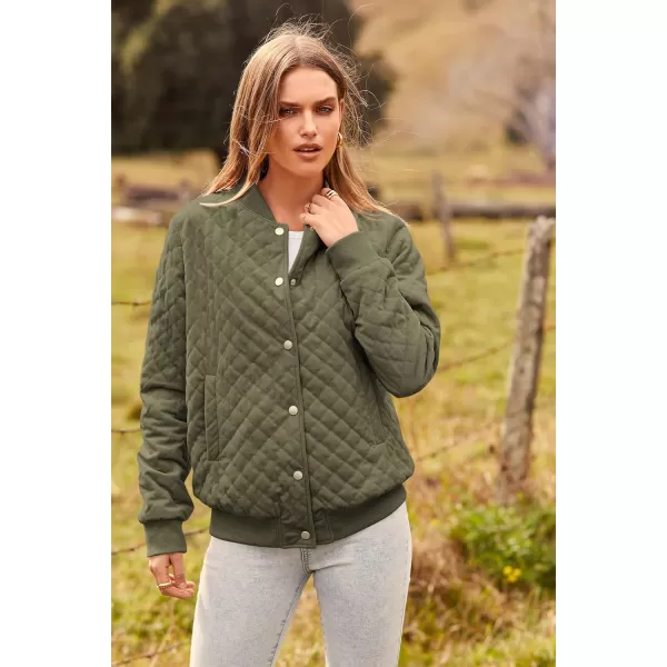 imagePRETTYGARDEN Womens Fall Quilted Bomber Jacket Long Sleeve Button Down Outerwear Trendy Casual Winter Coats With PocketsArmy Green