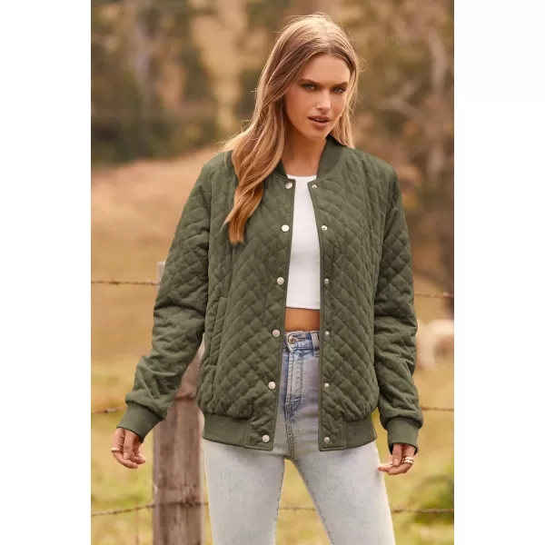 imagePRETTYGARDEN Womens Fall Quilted Bomber Jacket Long Sleeve Button Down Outerwear Trendy Casual Winter Coats With PocketsArmy Green