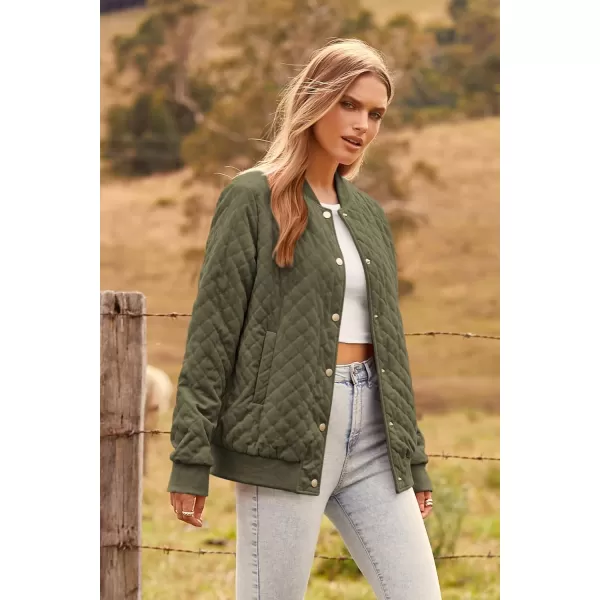 imagePRETTYGARDEN Womens Fall Quilted Bomber Jacket Long Sleeve Button Down Outerwear Trendy Casual Winter Coats With PocketsArmy Green
