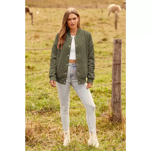imagePRETTYGARDEN Womens Fall Quilted Bomber Jacket Long Sleeve Button Down Outerwear Trendy Casual Winter Coats With PocketsArmy Green